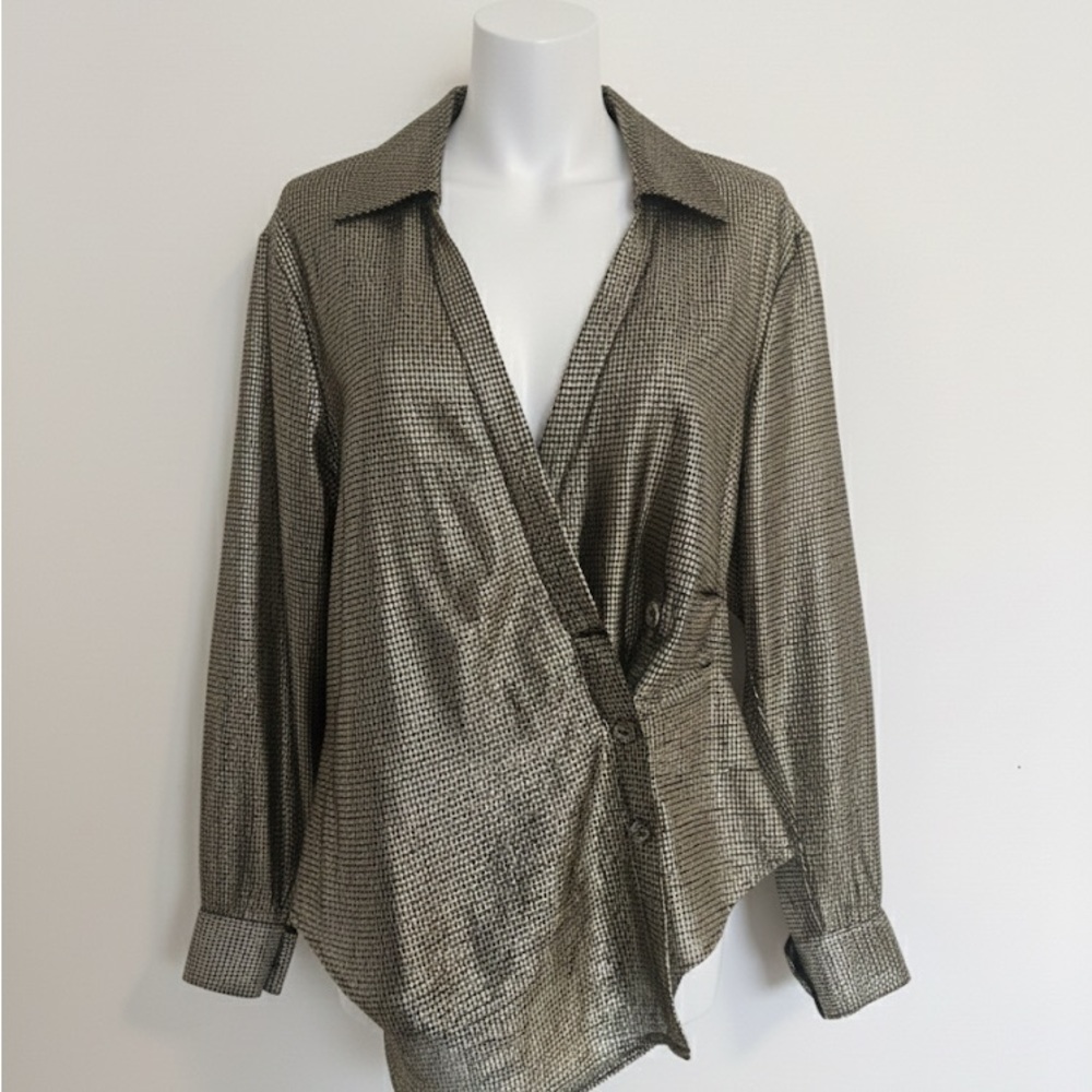 Zara Wrap Shirt, Silver Draped Blouse, Tie Waist Top Size M